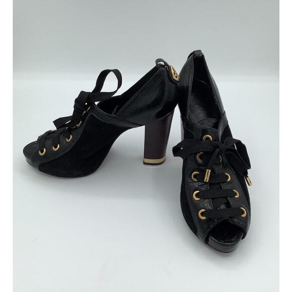 Tory Burch Size 8 High Heels Open Toe Gold Detailing Tie Open Toe Stylish - Picture 2 of 8
